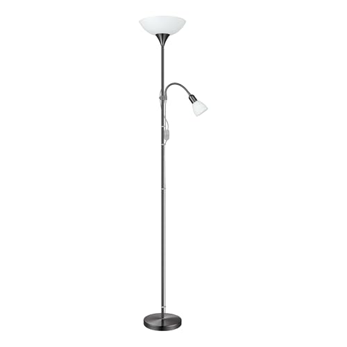 Eglo Floor lamp Up 2, 2-Light Standing lamp, Floor lamp Made of Metal - glass and plastic, living room light in nickel-black, white, lamp with switch, ceiling uplighter with reading light, E27, E14