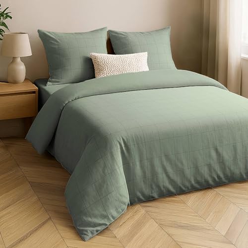 Douceur d'Intérieur, Linella Sage 3-Piece Bedding Set (240 x 220 cm) 100% Washed Cotton
