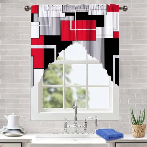 "ULQUISNCE Red Swag Valances Set, Geometric Red Grey Swag Curtains Gray Modern Kitchen Curtains Fade and Wrinkle Resistant - Ideal for Living Room, Kitchen, bathroom (36"" x 36"", 2 Panels)"