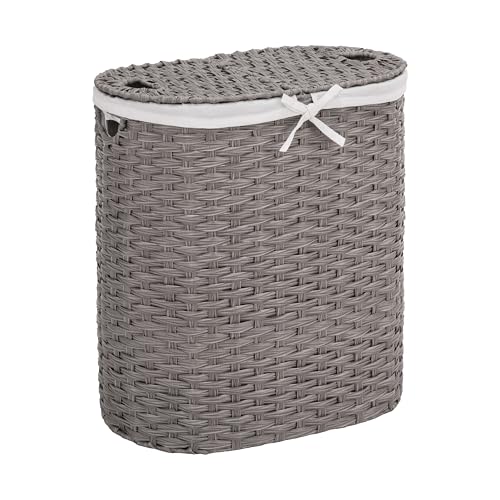 Seville Classics Premium Handwoven Portable Laundry Bin Basket with Carrying Handles, Household Storage for Clothes, Linens, Sheets, Gray, Oval Hamper