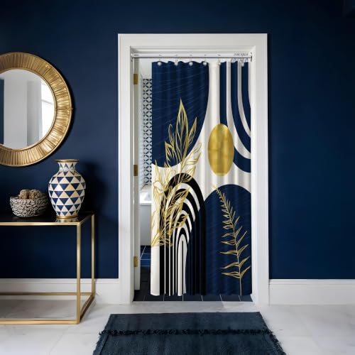 "QGHOT Boho Mid Century Modern Shower Curtain Navy Blue Shower Curtains for Mens Bathroom Decor Bohemian Dark Blue and Gold Leaves MCM Bath Curtain Set, Waterproof Fabric with Hooks, 36"" W x 72"" L"
