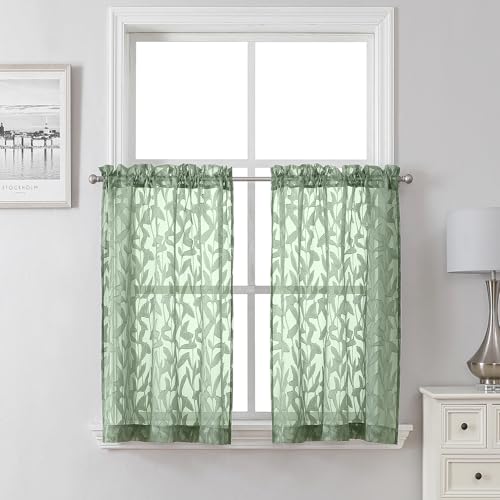 "Lecloud Leia Sheer Sage Green Kitchen Curtains 36 Inch Length 2 Pcs, Jacquard Leaf Textured Voile Short Curtain Tiers, Farmhouse Small Curtain for Bedroom Bathroom with Dual Rod Pocket, 28"" W x 36"" L"