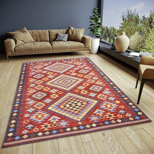 HANSE Home Peso Boho Rug - Flat Weave Oriental, Non-Slip Underside, Boho Style Geometric Pattern, Woven for Living Room, Bedroom, Dining Room, Hallway - Blue, 120 x 170 cm