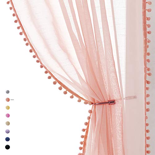 "Treatmentex Pompom Sheer Curtains Blush Pink Window Draperies for Bedroom Rod Pocket Curtain Panels for Canopy Nursery Room 52"" w x 2pc"