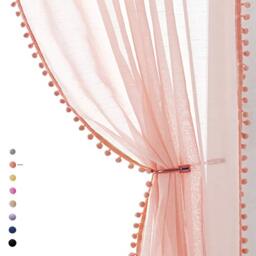"Treatmentex Pompom Sheer Curtains Blush Pink Window Draperies for Bedroom Rod Pocket Curtain Panels for Canopy Nursery Room 52"" w x 2pc"