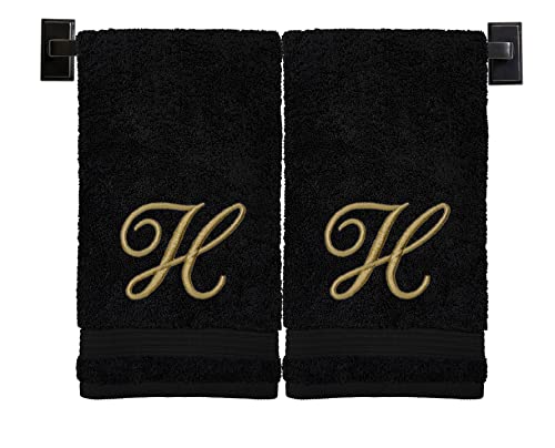 Custom Luxury Towels Black Hand Towels for Bathroom - Monogrammed - Luxury Cotton Turkish Towels - Embroidered in USA - Set of 2 - Choose Set Color and Letter - A - Z - Script Font