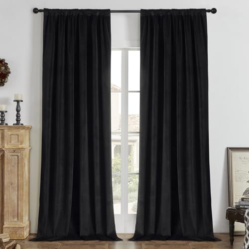 Joydeco 100% Blackout Curtains 108 Inch Long 2 Panels, Luxury Black Out Thermal Insulated Black Velvet Curtains, Soft Elegant Drapes for Bedroom Living Room (Rod Pocket&Back Tab, 52Wx108L)