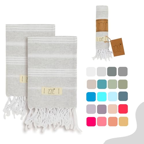 "Yazz Turkish Cotton Hand Towels - Set of 2, 18"" x 30"" inches, Turkish Cotton, Decorative Peshtemal Hand Towels for Kitchen, Bath, Guest, Face, Hair, Gym, Yoga, Travel (Light Grey)"