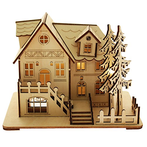 WeRChristmas 20 cm Pre-Lit Wooden House Scene with Tree Window Christmas Decoration Illuminated and Warm White LED Lights