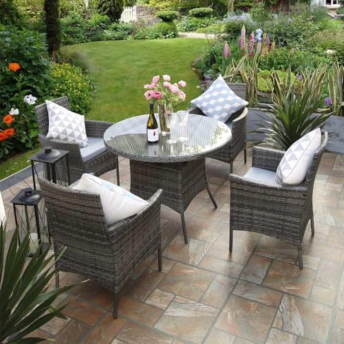 RayGar 5pcs Rattan Dining Set Garden Patio Furniture - 4 Chairs & Round Table - Grey, One Size (OR-15)