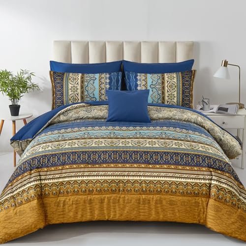 Cottolester Boho Comforter Set California King Size 8 Pieces,Brown Blue Bohemian Comforter Paisley Striped Bed in A Bag,Soft Microfiber Bedding Set for All Season