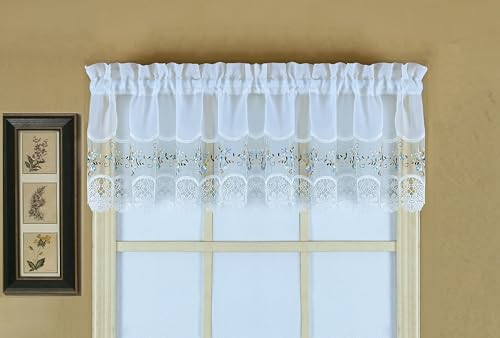 "Today's Curtain, Vintage Macramé Organza Valance 14"", White/Blue, 58"" W x 14"" L"