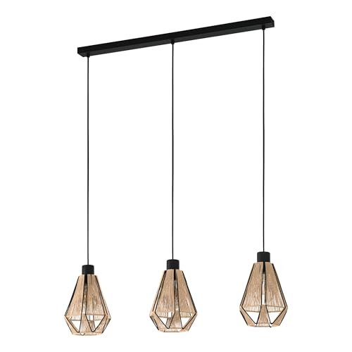 Eglo Pendant Lighting Adwickle, Ceiling Light Fitting with 3 Shades, Textile Hanging lamp for Dining and Living Room Made of Natural Hemp and Black Metal, E27 Socket