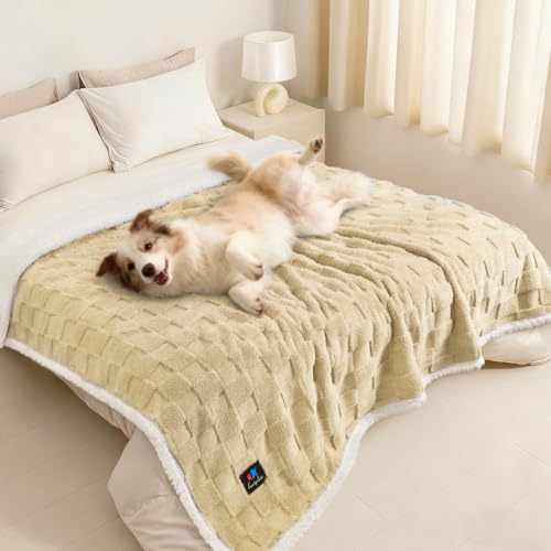 Luciphia Waterproof Dog Blanket for Large Dogs Washable Soft Sherpa Fleece Cat Blankets with 3D Jacquard Cozy Calming Reversible Bed Couch Protector Furniture Protection for Pet,Beige White,85x57 inch