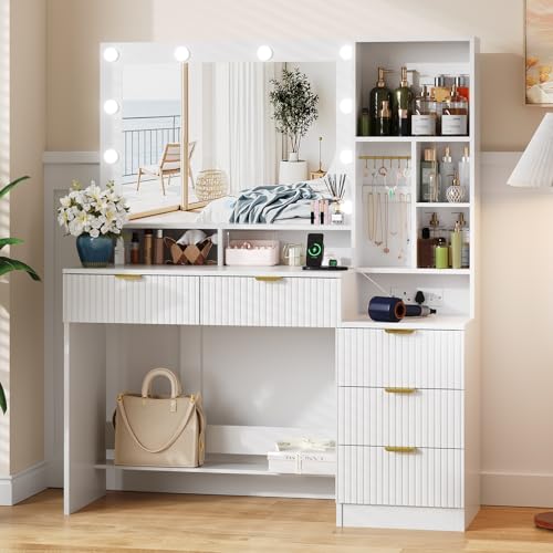 JUMMICO Dressing Table with LED Lights,Vanity Desk with Mirror and 5 Drawers,Modern Makeup Desk with Jewellery Hooks and Power Outlet for Bedroom (White)