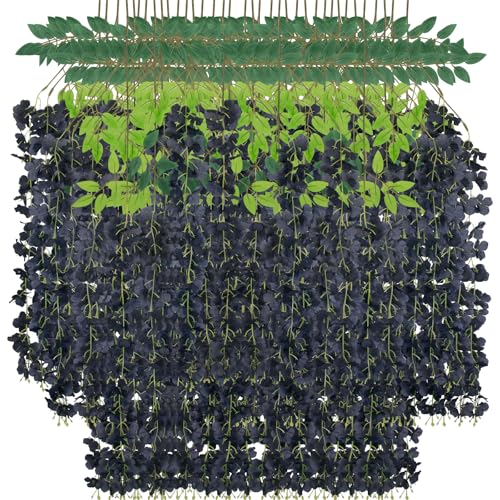 LUZOGA 36 Pack Artificial Wisteria Flower Fake Silk Flowers String Vine Ratta Hanging Garland for Home Garden Party Wedding Backdrop Arch Decor (Black)