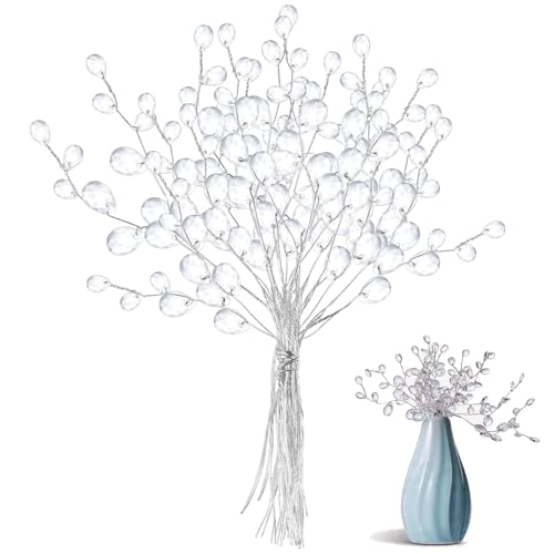 VOSAREA 50 Stems Artificial Bouquets Acrylic Bead Drops Flower Branches Bead Sprays for Wedding DIY Crafts (White, 17cm)
