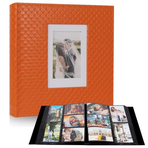 RECUTMS Photo Album 4x6 600 Photos Black Inner Page Button Grain Leather Big Capacity Pockets Pictures Album Birthday Christmas Wedding Anniversary (Orange)