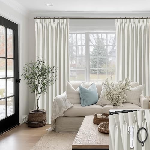 SHINELAND Pinch Pleated Blackout Curtains, 90 Inch Long Thermal Insulated Cat Resistant Polished Linen Texture Floor to Ceiling Curtain Drapes forTrack System Bedroom Living Room 2 Panels Set