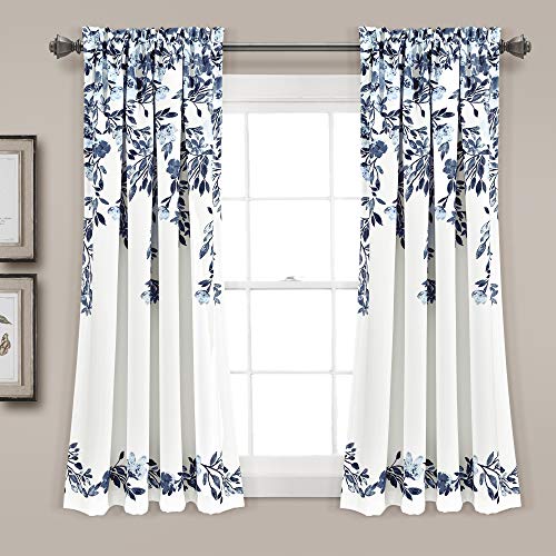 "Lush Decor Tanisha Room Darkening Window Curtain Panel Pair, 63"" L x 52"" W+ 2"" Header, Navy & White"