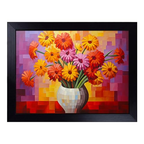 Lap Tray with Bean Bag Cushion, Chrysanthemums Cubism - Handmade in the UK, Raised Wooden Edge, Padded Cushion, Heat-Resistant Wipe-Clean Surface, for Meals, Laptops and Crafts