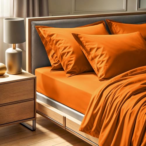 100% Cotton Ranforce Single Fitted Sheet (90 x 200 + 30 cm), Orange, 155 Thread Count - Machine Washable at 30°C - Soft & Durable for Comfort