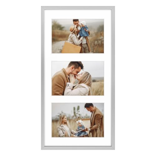 Frametory - 7x14 Aluminum Collage Picture Frame - Display 4x6 Pictures with 3 Openings Mat - Real Glass Front - Horizontal/Vertical Wall Mount - Silver 1 Pack
