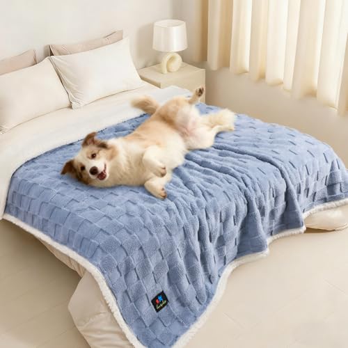 Luciphia Waterproof Dog Blanket for Large Dogs Washable Soft Sherpa Fleece Cat Blankets with 3D Jacquard Cozy Calming Reversible Bed Couch Protector Furniture Protection for Pet,Blue White, 85x57 inch