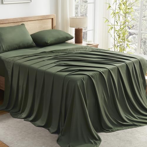 "Andency California King Sheets Set 100% Viscose Derived from Bamboo - Olive Green Cooling Summer Sheets, Deep Pocket Up to 16"", Silky Soft Luxury Breathable Bedding Sheets & Pillowcases"