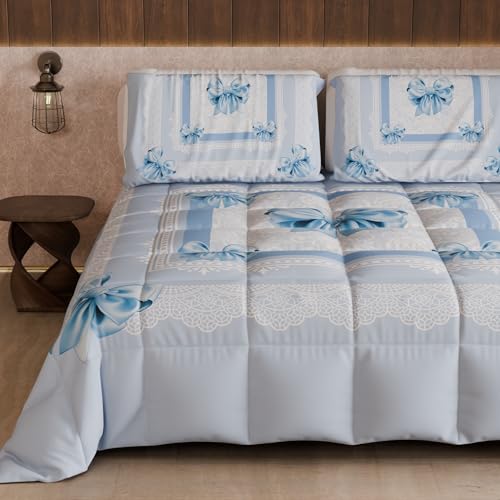 PETTI Artigiani Italiani - Single Winter Quilt, Single Duvet, Double Sided Quilt Solid Colour and Digital Print Light Blue Bow, Made in Italy