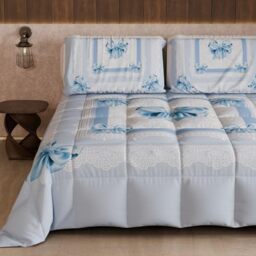 PETTI Artigiani Italiani - Single Winter Quilt, Single Duvet, Double Sided Quilt Solid Colour and Digital Print Light Blue Bow, Made in Italy
