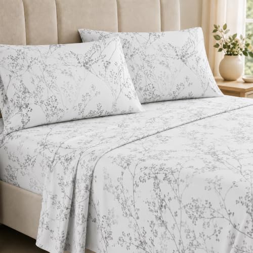 "HCORA Queen Sheet Set - Floral Print - Luxury 1800 Brushed Microfiber Bed Sheets - Breathable Cooling Sheets for Queen Size Bed - 16"" Deep Pocket, Extra Soft, Shrinkage, and Fade Resistant - 4 PC"