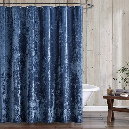 "Fredsure Distressed Velvet Shower Curtain Set, 13 Pieces Navy Including 1 Piece 72""x72"" Shower Curtain and 12 Pieces Silver Hooks"