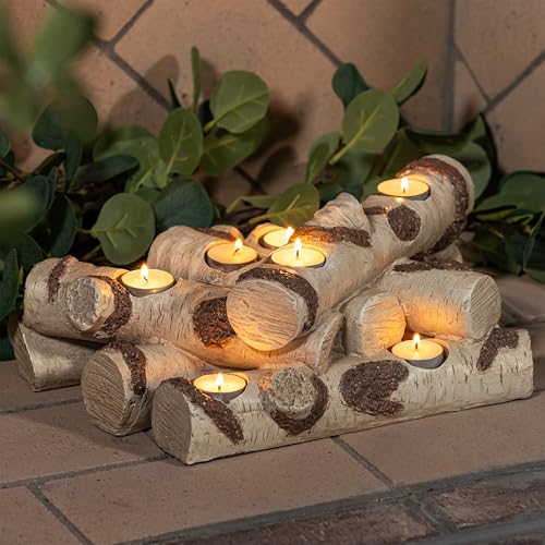 "Plow & Hearth Faux Birch Wood Resin Logs Candle Holder for Fireplace - Romantic Ambiance Without Heat or Mess - Holds 8 Tea Lights- Realistic Sculpted Logs - 15"" L x 9"" W x 5"" H"
