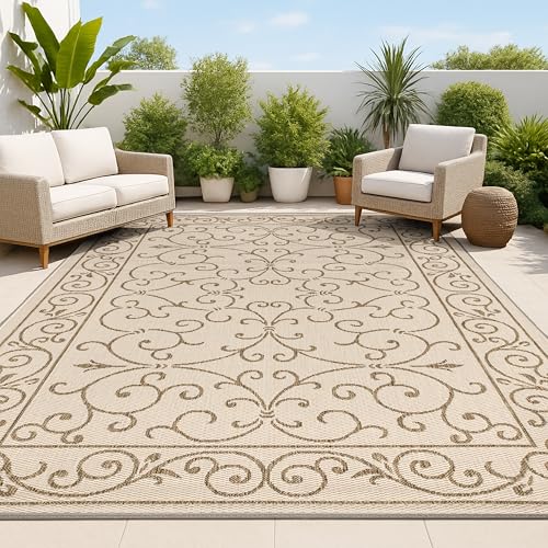 JONATHAN Y SMB106A-8 Charleston Vintage Filigree Textured Weave Indoor Outdoor Area Rug, Classic, Traditional, Easy Clean, Bedroom, Kitchen, Backyard, Patio, Non Shed, Beige/Brown, 240 cm X 300 cm