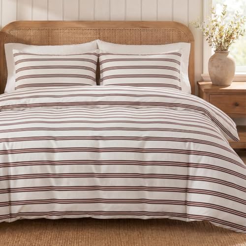 Herside 100% Cotton Double Gauze Striped Duvet Cover Set Queen Size,Cream White with Brown Stripe Soft Breathable Cotton Bedding Set Warm Vintage 3 Piece Quilt Duvet Set for All Seasons