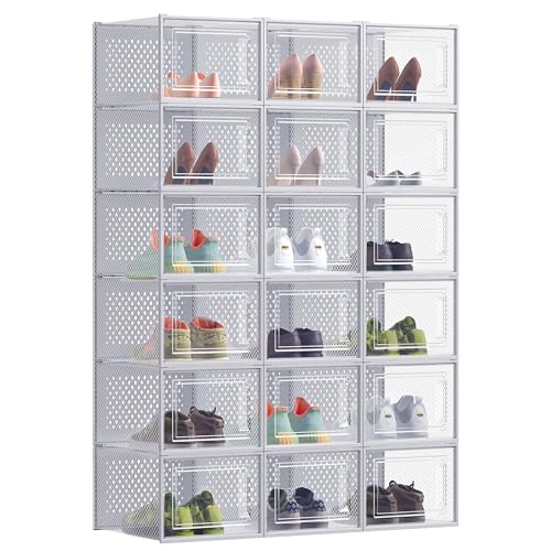 SONGMICS Shoe Boxes, Pack of 18 Stackable Shoe Storage Organisers - Foldable and Versatile for Sneakers, Fit up to UK Size 12, Dove Grey, Dennys Collection LSP007G18