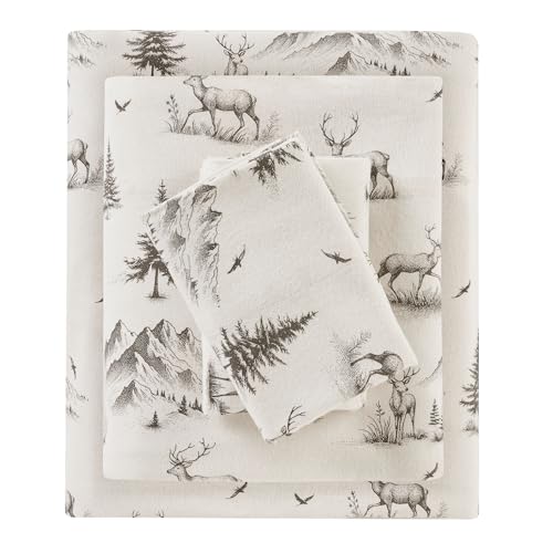 "WOOLRICH Cotton Sheet Set Cottage Charms Print, 100% Cotton Flannel Sheets Warm & Fuzzy Bedding Set King Size Sheets, Fitted Pocket Fits Up to 14"" Mattress, King Gray Deer Toile 4 Piece"
