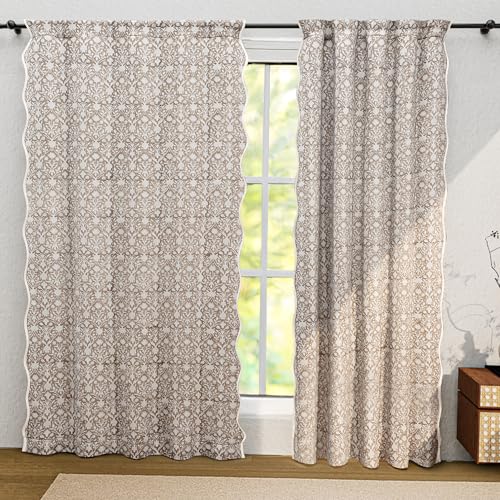 Ridhi Taupe Set of 2 Floral Cotton Scallop Curtains 84-Inch Pocket for The Rod Semi-Sheer Drapes for Living Room & Bedroom, Floral Patterned Farmhouse Boho French Country Window Panels