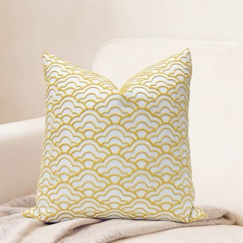 SLOW COW Embroidery Decorative Throw Pillow Cover for Couch Sofa Geometric Accent Pillow Cover Cushion Cover 18 x 18 Inches Yellow