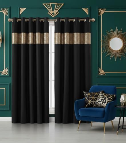"Rapport Home Capri Black Gold Eyelet Curtains Pair - 66"" W x 72"" D (132"" Total Width) - Thermal Room Darkening Polyester Drapes for Bedroom Living Room"