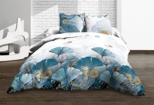 Le linge de Jules Ginko Blue Bedding Set Flat Sheet + Fitted Sheet 140 x 190 + 2 T - Pure Cotton 57 Thread Count