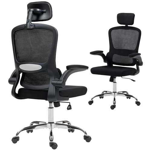 HOMCOM Ergonomic Office Chair, High Back Mesh Computer Desk Chair with Adjustable Headrest and Lumbar Support, Flip-up Armrests for Home Office, Black