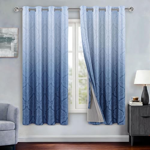 DWCN Ombre 100% Blackout Curtains with Tiebacks- Damask Patterned Thermal Insulated Energy Saving Grommet Curtains for Bedroom, Set of 2 Gradient Window Curtain Panels, 52 x 63 Inches, Navy Blue