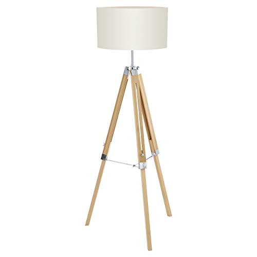 EGLO Tripod floor lamp Lantada, vintage standing light made of natural wood, steel and beige fabric, living room lighting with switch, E27 socket