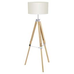 EGLO Tripod floor lamp Lantada, vintage standing light made of natural wood, steel and beige fabric, living room lighting with switch, E27 socket