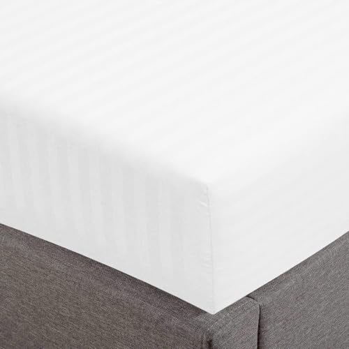 Feather & Stitch 1 Piece Fitted Sheet Twin Size, 100% Cotton Damask Sateen Weave, Striped Breathable, Stretchable Elastic Sheet for Mattress 18'' Deep Pocket, 500TC Premium Ultra Soft (Stripe White)