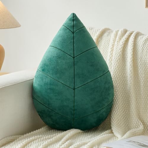 Leaf Pillow, Cute Decorative Throw Plant Pillow Aesthetic Decor Nature Pillow for Bed Couch, Leaves Shaped Pillow Perfect for Bedroom Living Room (Dark Green 2, 15 Inches)