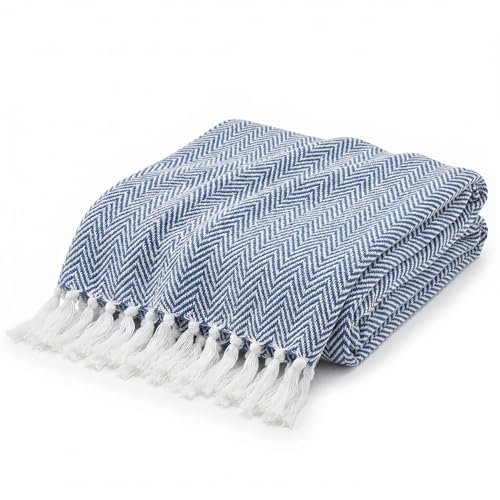 Americanflat 50x60 Throw Blanket - Soft and Breathable Cotton Throw Blanket for Couch, Bed, Chair - Decorative Blanket Perfect for Home, Office, or Outdoor Use - Blue and White Herringbone Blanket