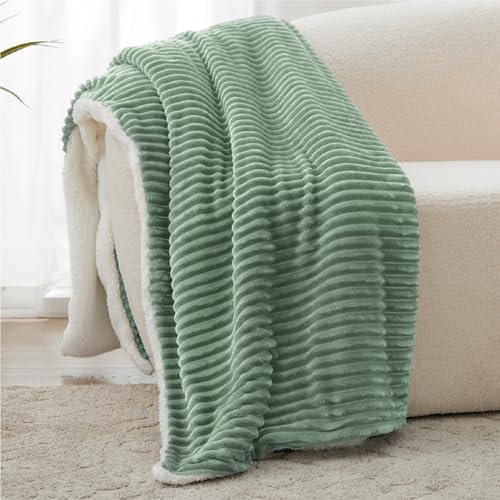 Kozyhvn Sherpa Green Throw Blanket - Soft Cozy Fleece, Warm for Winter, Reversible, Sage Green, 50 x 60 Inches